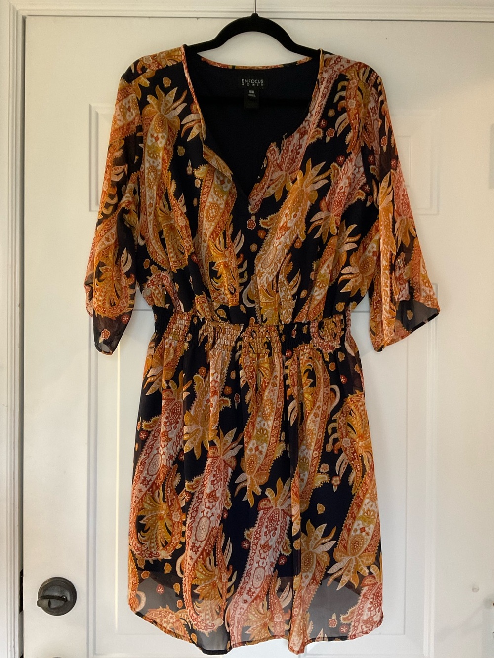 Enfocus Studio Navy, Mustard Paisley Boho Midi Dress Smocked Waist Sheer Sleeves